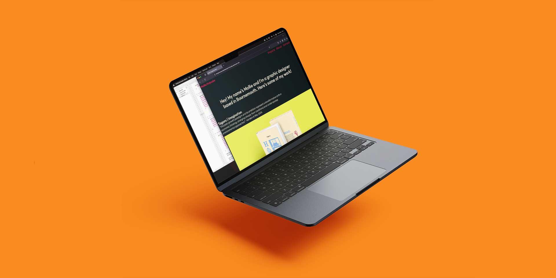 coding and webpage windows on macbook, orange background